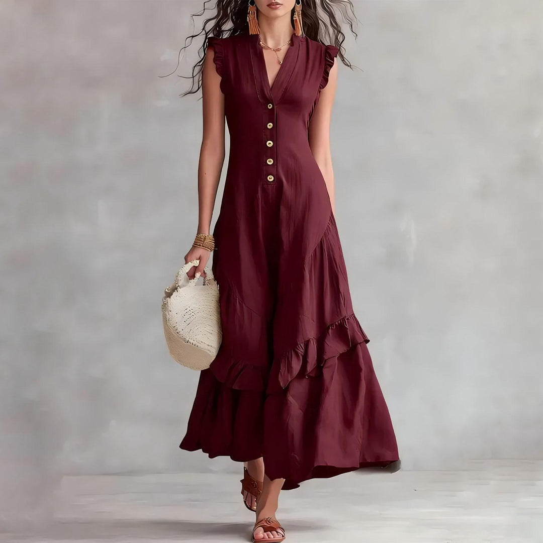 Ruffle Dress Long V Neck Button Flowy Cap Sleeve Summer Maxi Dresses Casual Beach Clothes for Beach Vacation serviceable