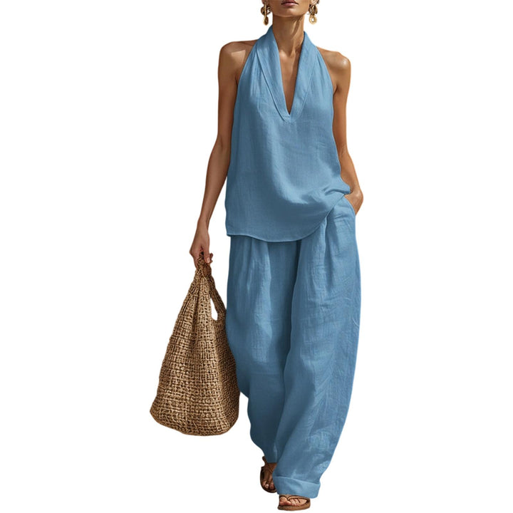 Summer Outfits for Women 2 Piece Set Deep V Neck Sleeveless Loose Fit Halter Top and Wide Leg Pants for Beach classical