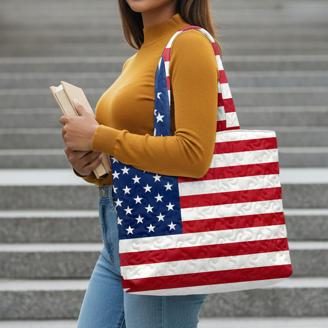 Quilted Tote Bag for Women American Flag Patriotic Handbags with Handles Travel Casual Purse for Vacation practical