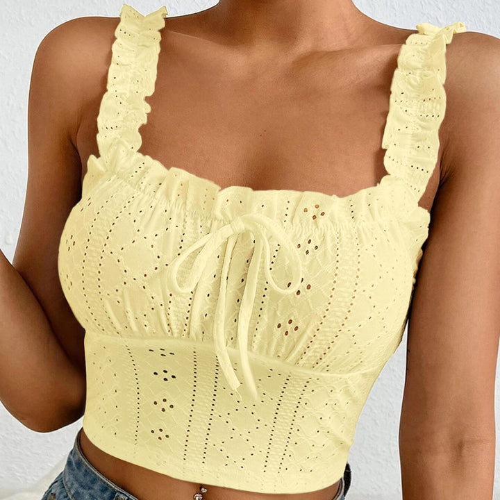 Eyelet Tank Tops for Women Ruffle Ruched Sleeveless Square Neck Tie Front Bust Crop Camisole Tops for Travel excellent