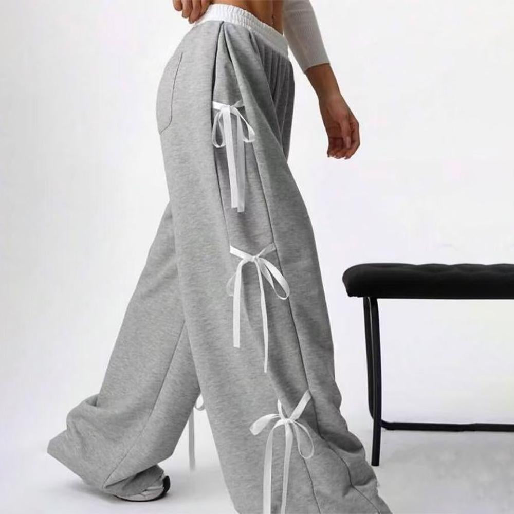Women's Baggy Sweatpants Bow Tie Elastic Waist Casual Wide Leg Sports Pants with Pocket for Daily Running accepted