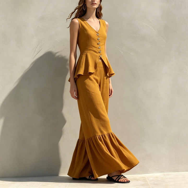 Women Two Piece Outfits Sets V Neck Sleeveless Peplum Top and Ruffle Flare Leg Pants Set for Dating Travel astonishing
