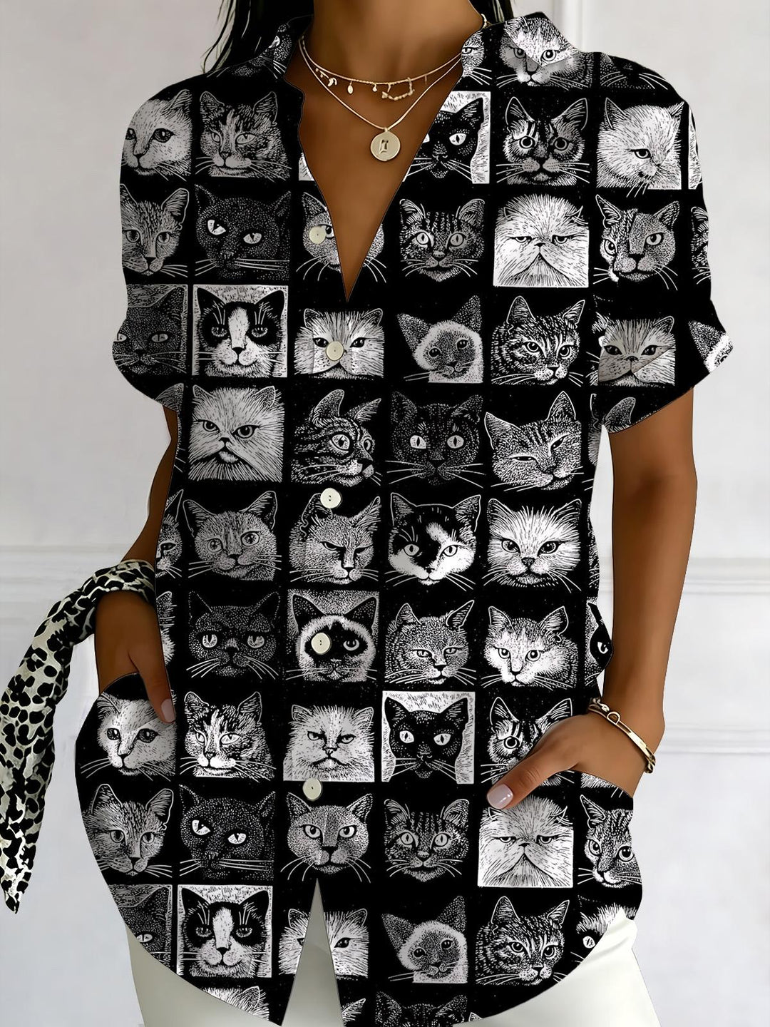Cat Print Women's Short Sleeve Shirts