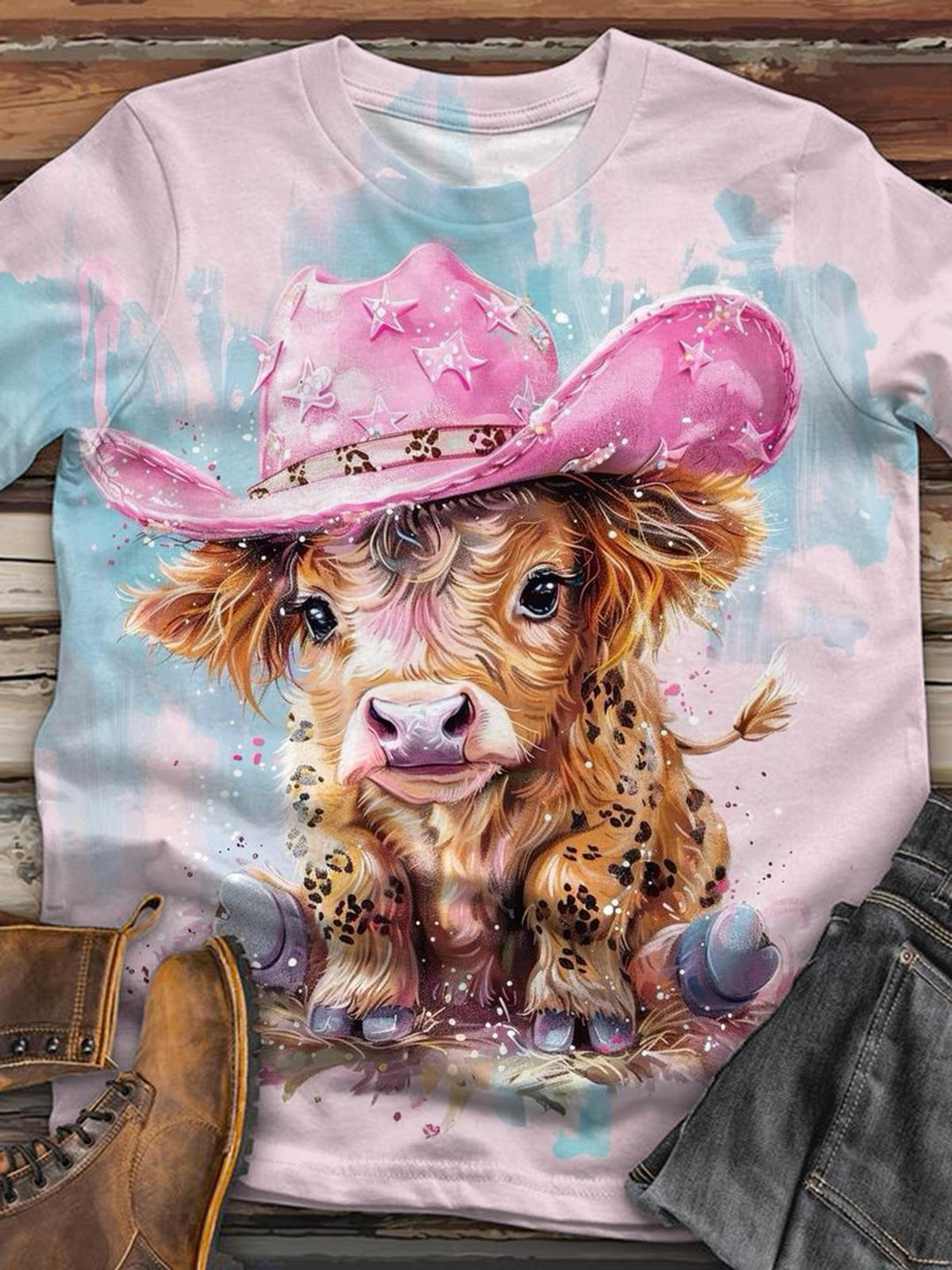Pink Cowboy Hat Highland Cow Crew Neck T-shirt
