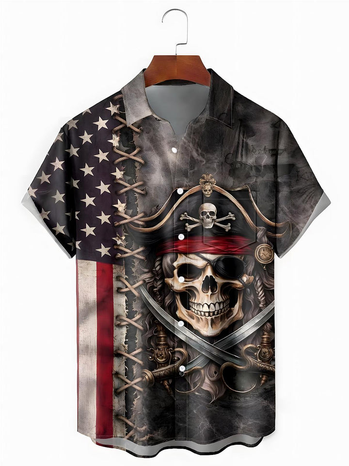 Independence American Flag Skull Men's Pocket Short Sleeve Shirts