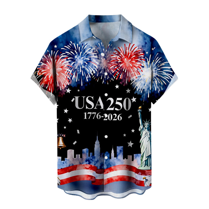 Patriotic Button Up Shirts For Men 250 Years Flag Lapel Short Sleeve Casual Trendy Hawaiian Shirts for Travel respectable