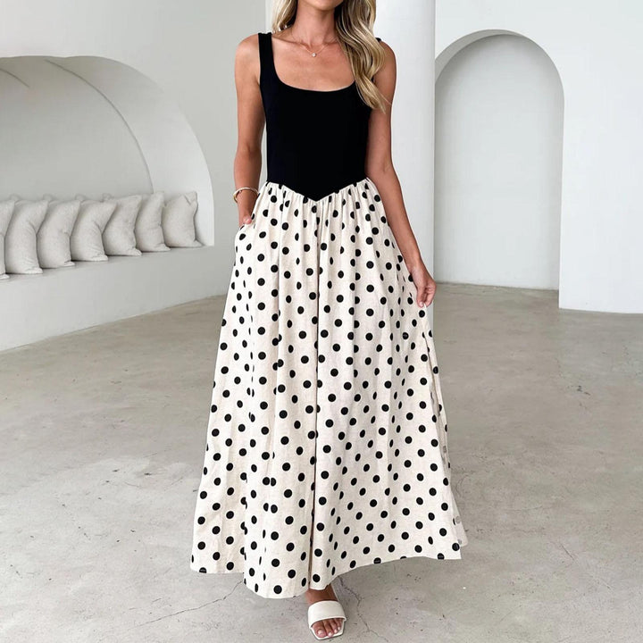 Sleeveless Maxi Dress for Women Dot Scoop Neck Summer Sleeveless Boho A Line Flowy Maxi Tank Dress for Travel everywhere