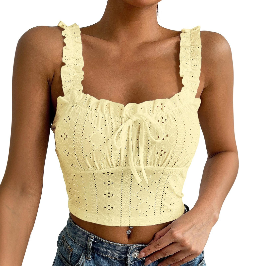 Eyelet Tank Tops for Women Ruffle Ruched Sleeveless Square Neck Tie Front Bust Crop Camisole Tops for Travel excellent