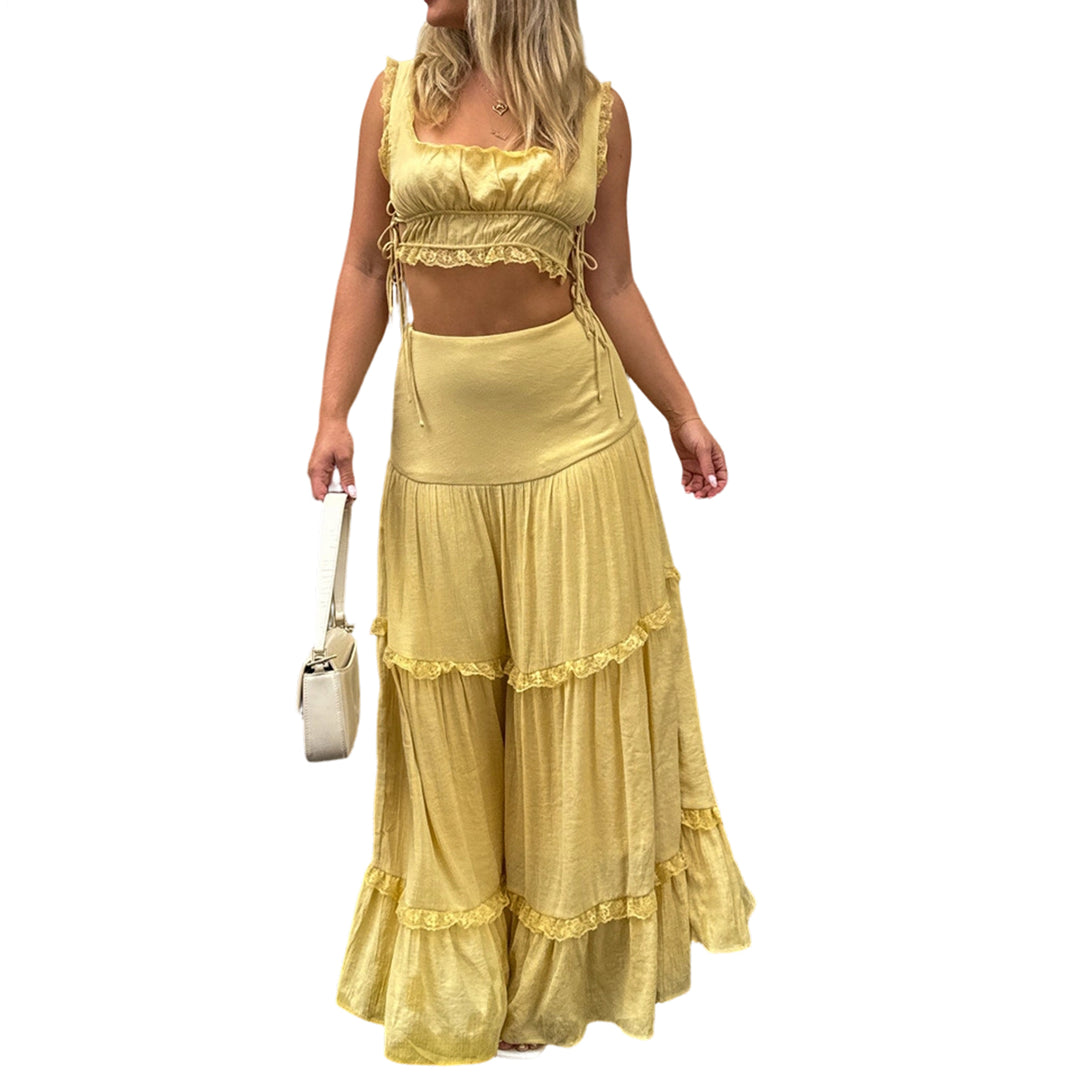 2 Piece Maxi Skirt Sets for Women Side Tie Boho Sleeveless Crop Tank Tops and High Waist Long Skirt for Beach top sale