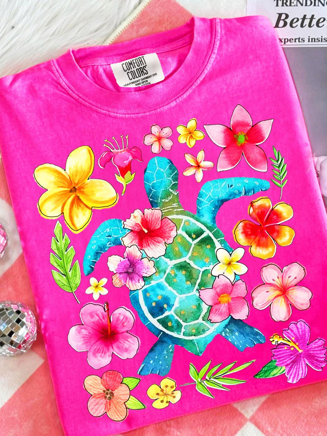 Floral Sea Turtle Summer Crew Neck T-shirt