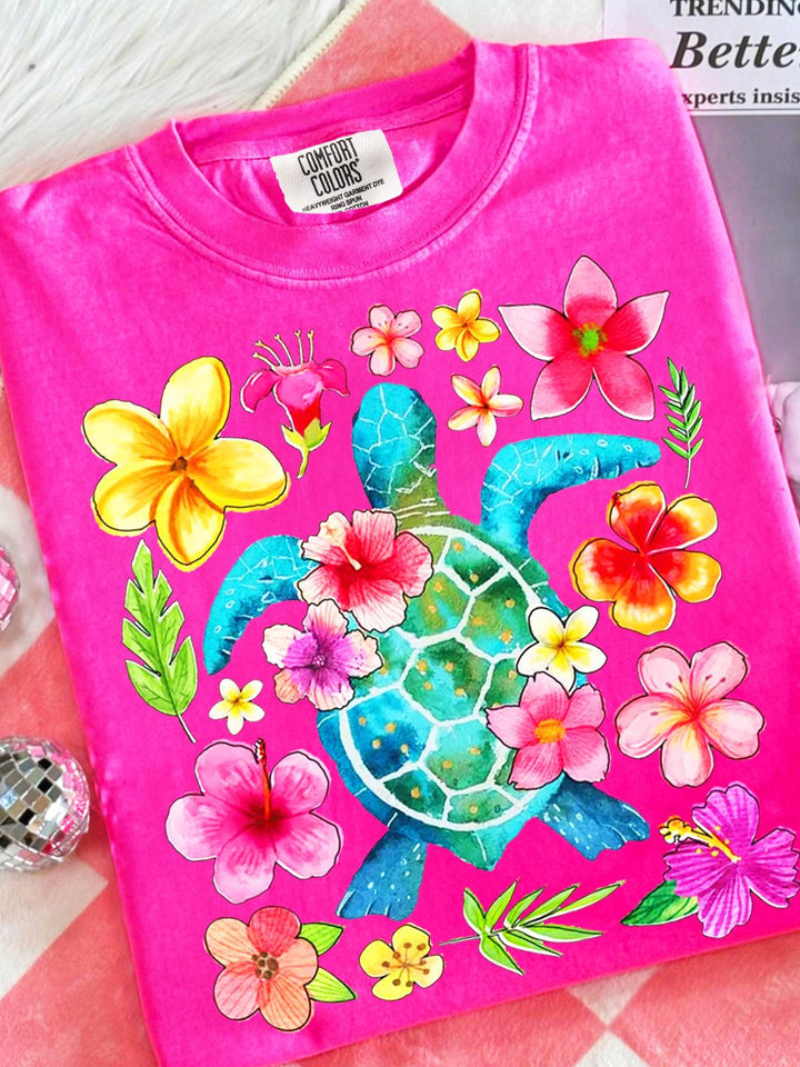 Floral Sea Turtle Summer Crew Neck T-shirt