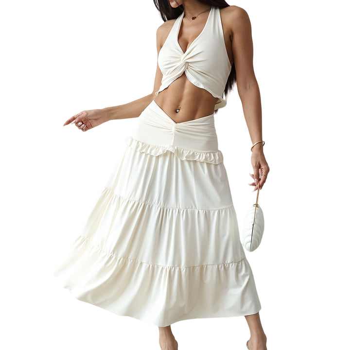 Matching Skirt and Top Set Two Piece Twist Front Sleeveless Halter Top and Pleated Swing Skirt for Vacation graceful