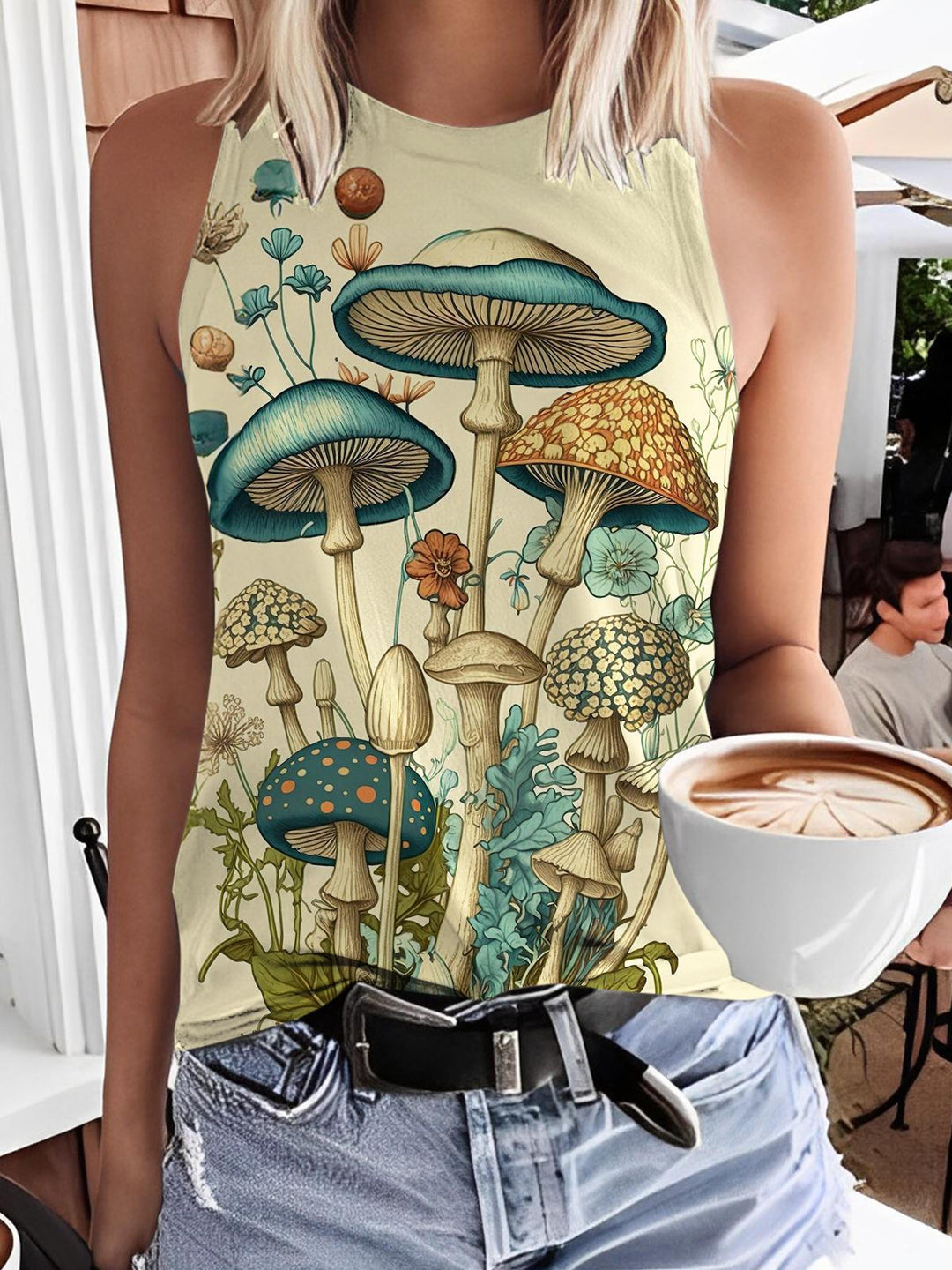 Vintage Mushroom Print Casual Sleeveless Top