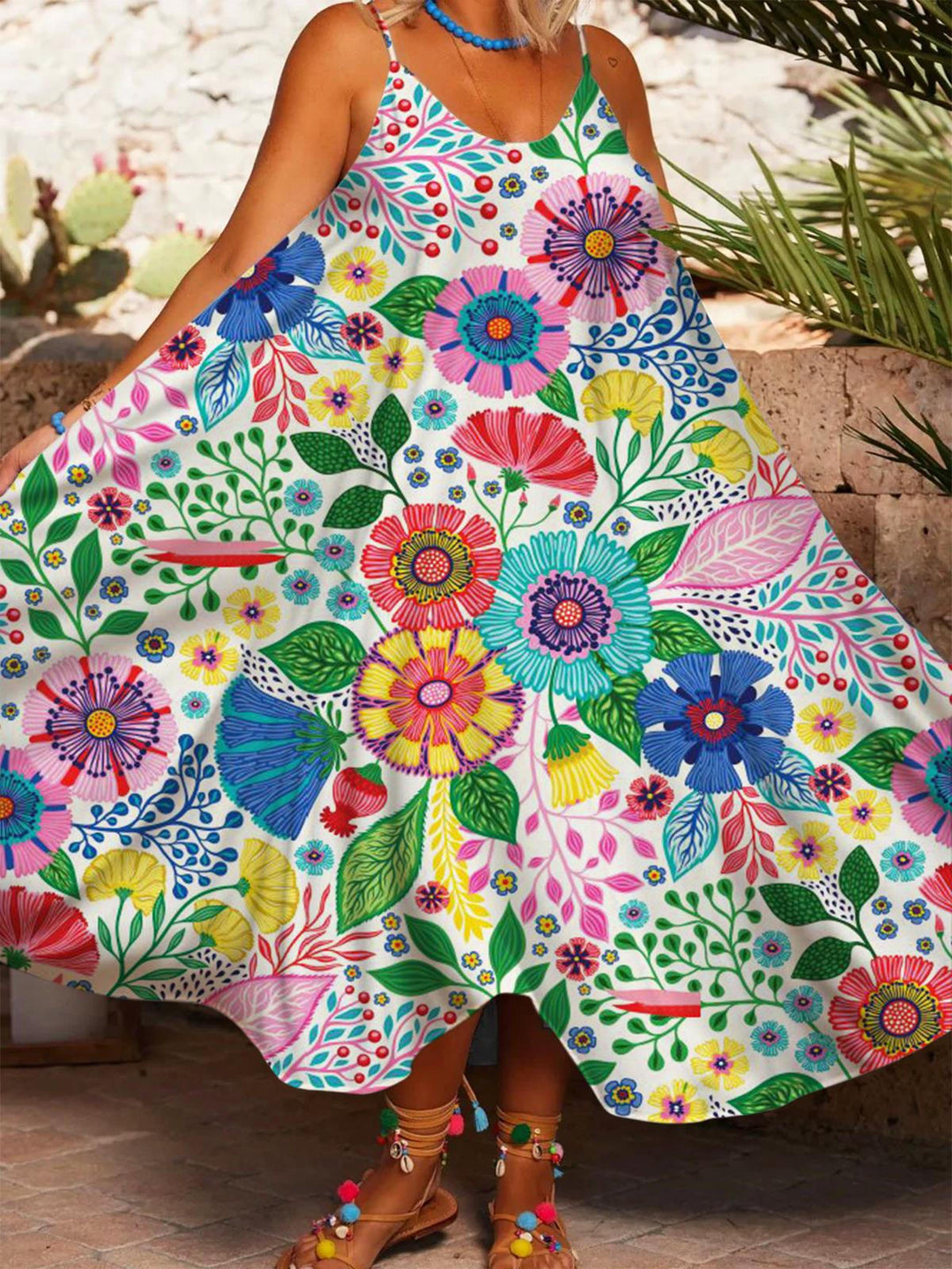 Colorful Floral Art Print Casual Spaghetti Strap Dress