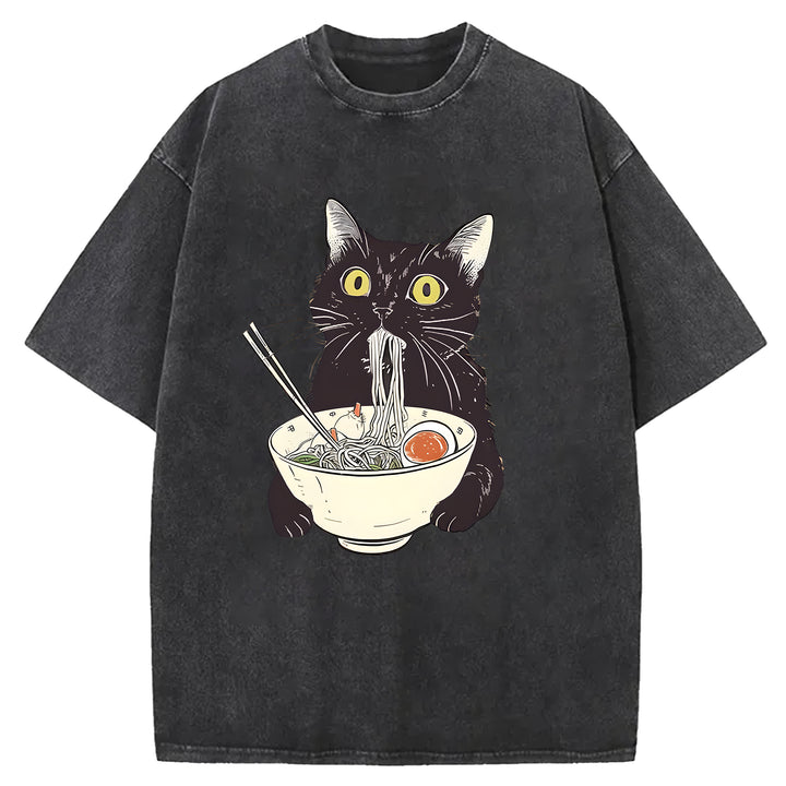 Black Cat Eating Ramen Washed Crew Neck T-Shirt