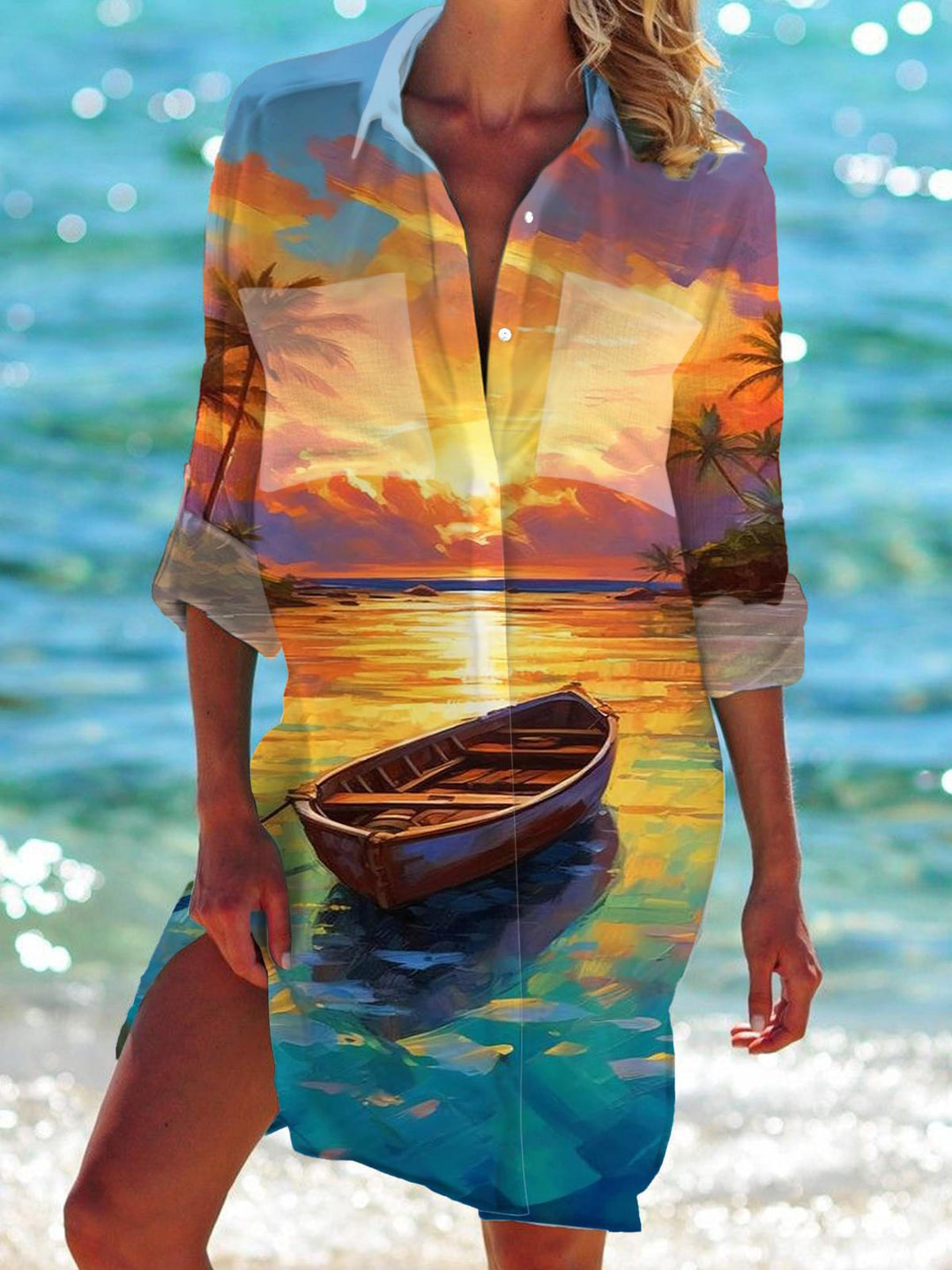 Sunset Boat Print Long Sleeve Beach Shirt Dress