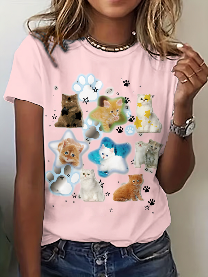 Funny Retro Cute Cat Art Crew Neck T-shirt