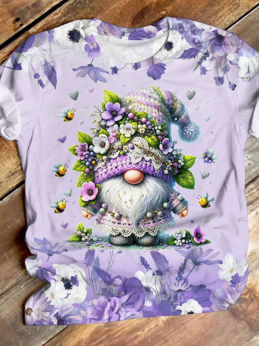 Puple Floral Bee Gnome Crew Neck T-shirt