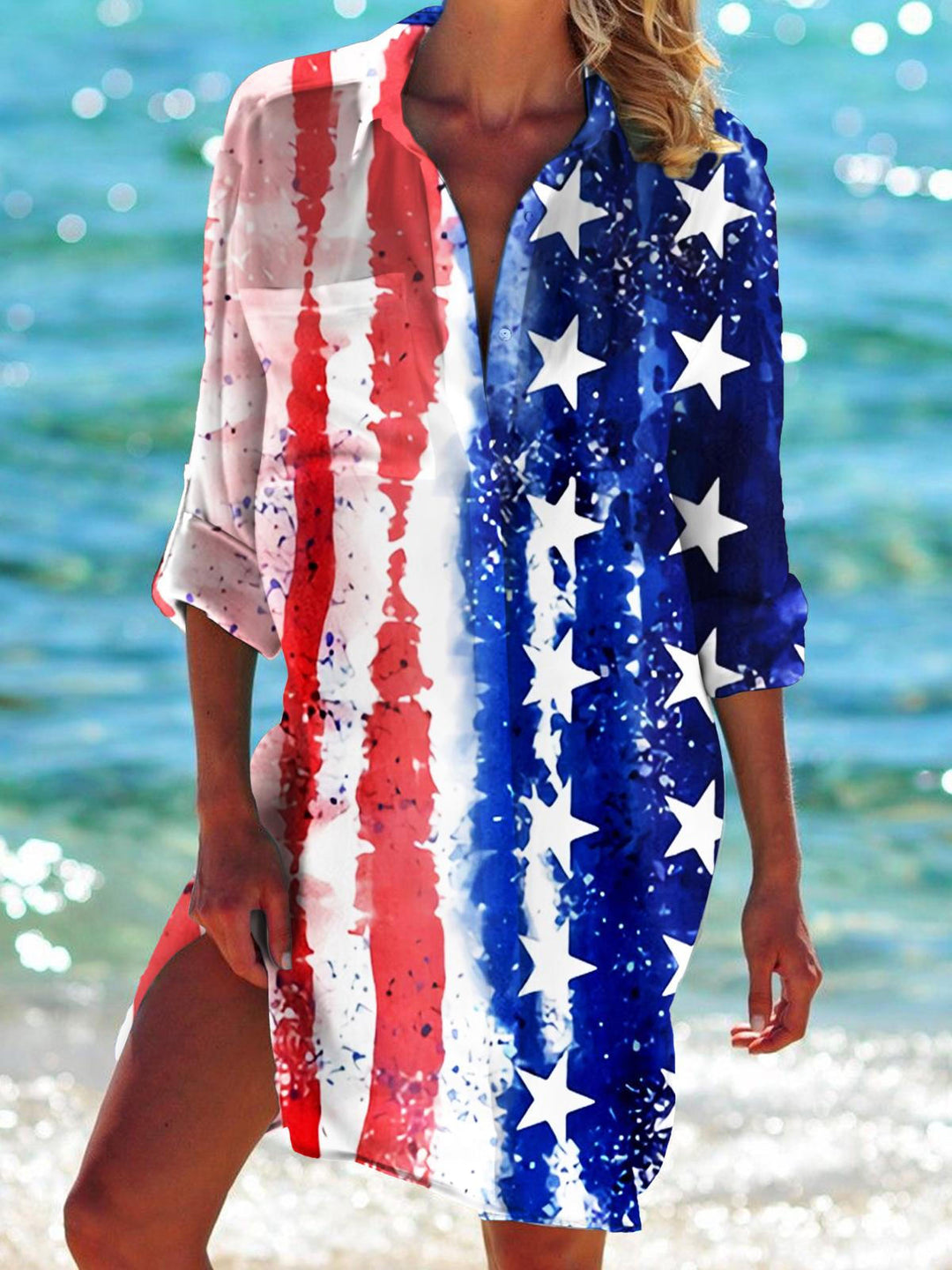 Women's American Flag Print Long Sleeve Beach Shirt Dress