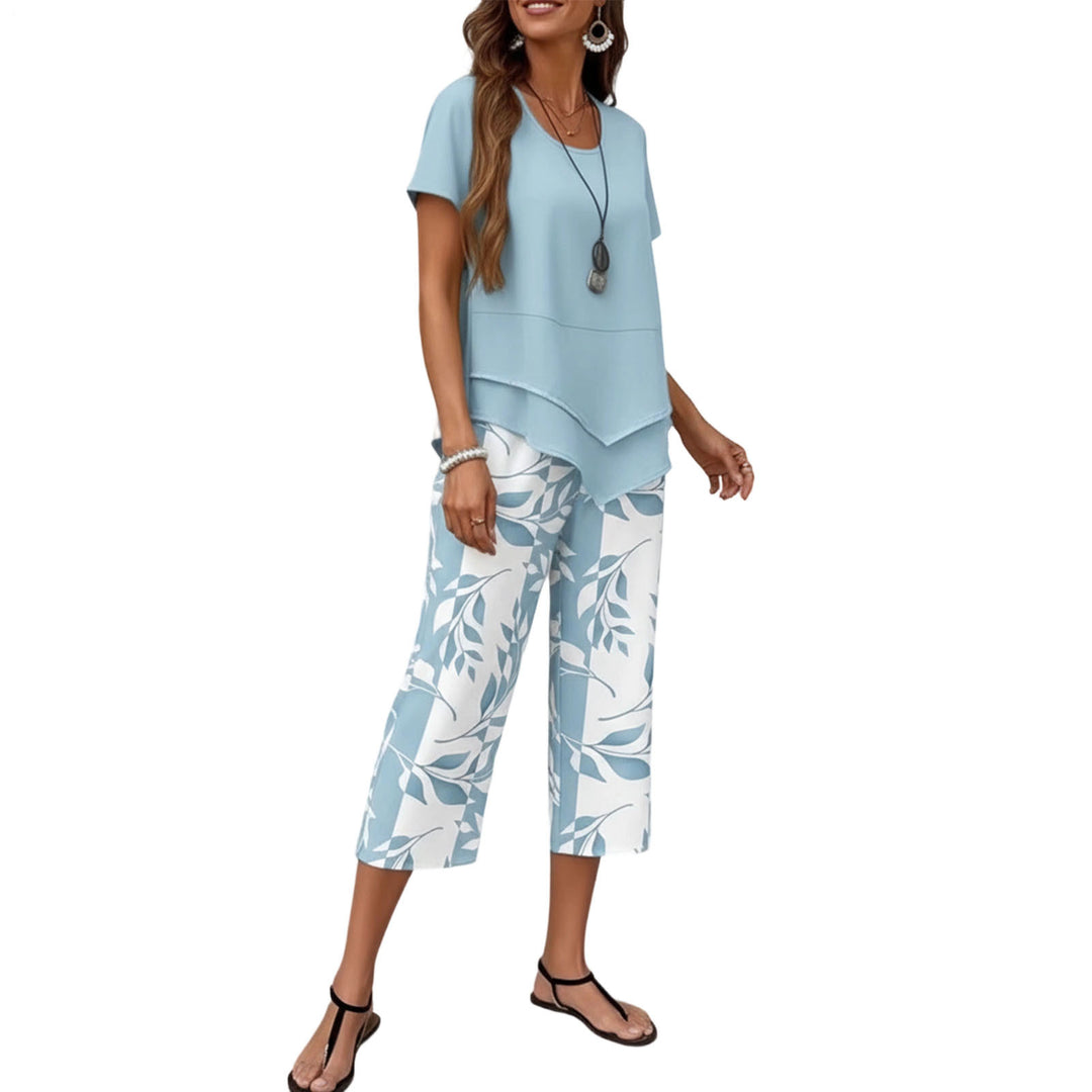 2 Piece Sets for Women Summer Crewneck Short Sleeve Shirts and Wide Leg Capri Pants Lounge Outfit for Travel gently