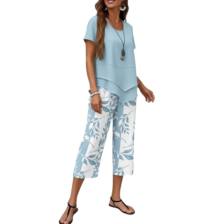 2 Piece Sets for Women Summer Crewneck Short Sleeve Shirts and Wide Leg Capri Pants Lounge Outfit for Travel gently