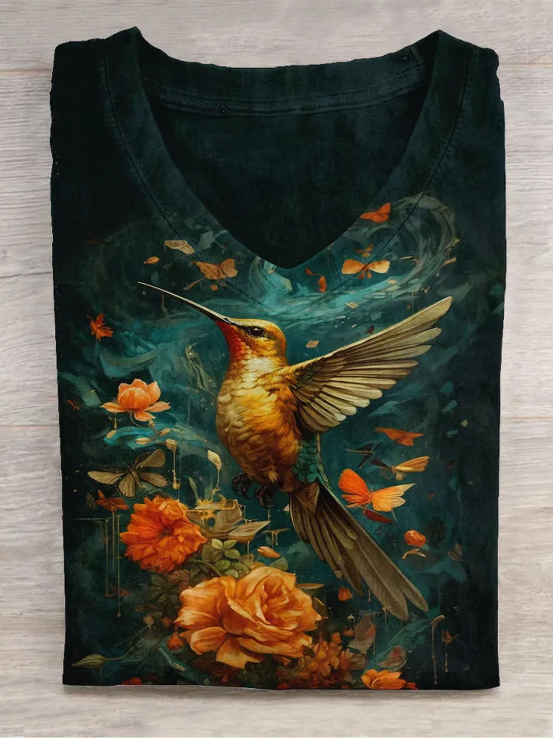 Hummingbird Floral Art Print V-Neck Short Sleeve T-Shirt