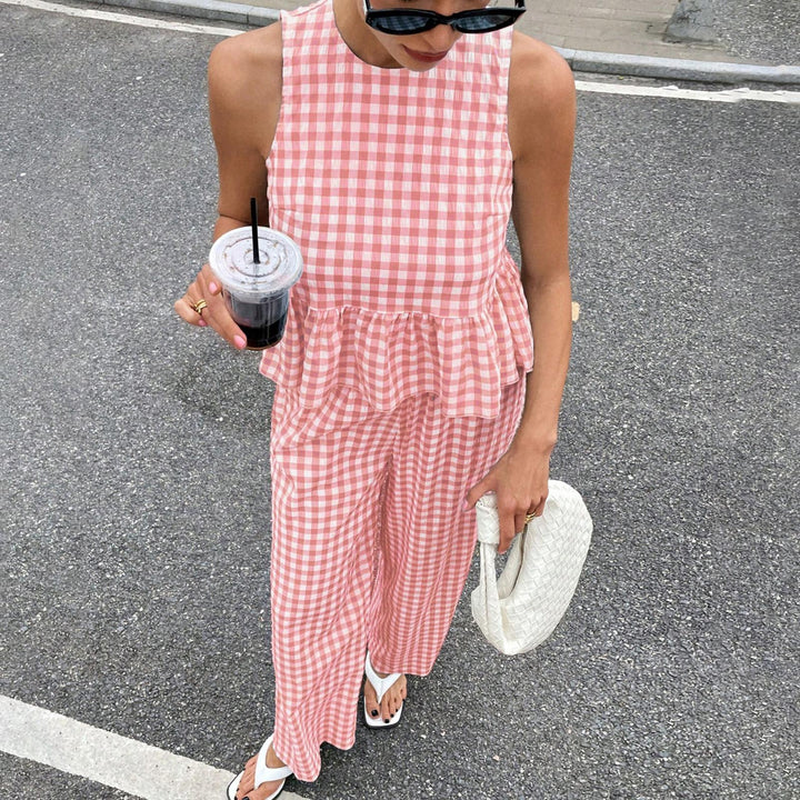 Womens Gingham Set Ruffle Plaid Peplum Tops and Pants Summer Vacation Going Out Sets for Daily Wear Beach admired