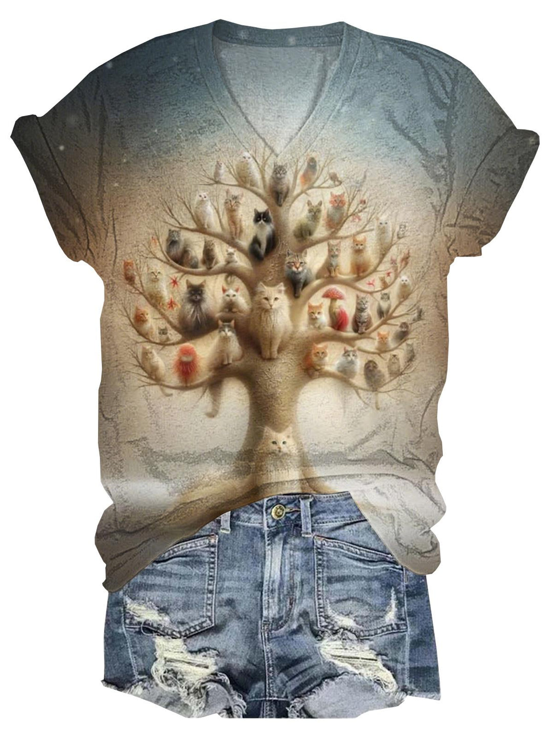 Cat Tree Print V-neck T-Shirt