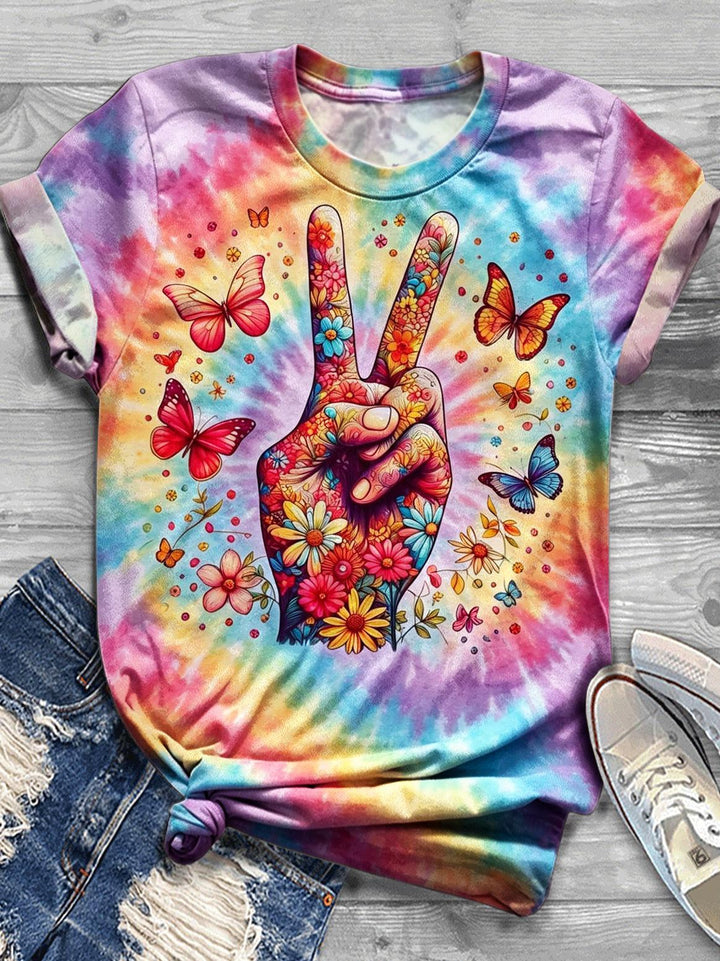 Women's Gradient Butterfly Hippy Gesture Round Neck Short Sleeve T-shirt