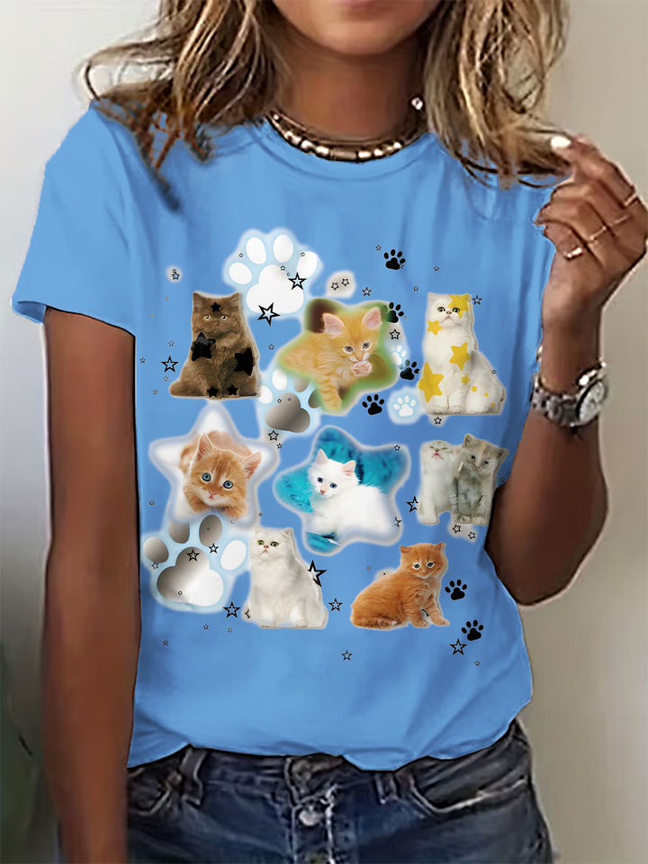 Funny Retro Cute Cat Art Crew Neck T-shirt
