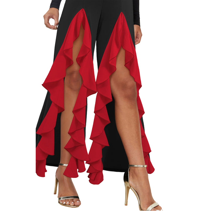 Womens Ruffle Pants Front Slit Flowy Loose Fit Wide Leg Trousers Elastic High Waist Lounge Pants for Dating improved