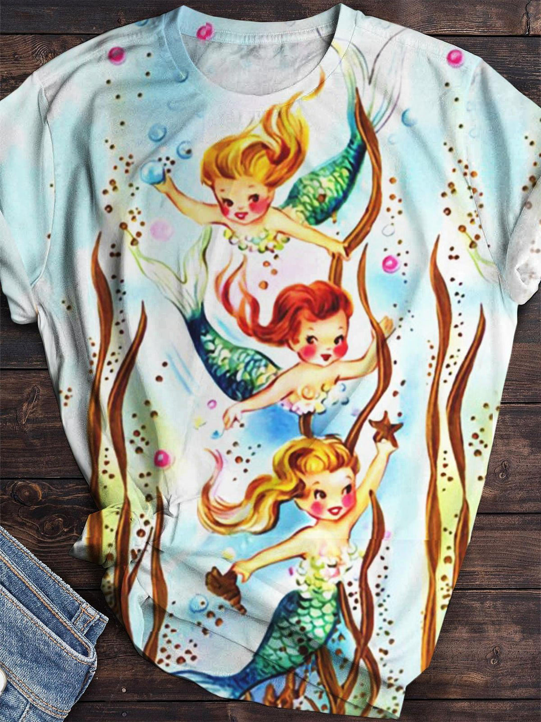 Vintage Mermaid Print Crew Neck T-Shirt
