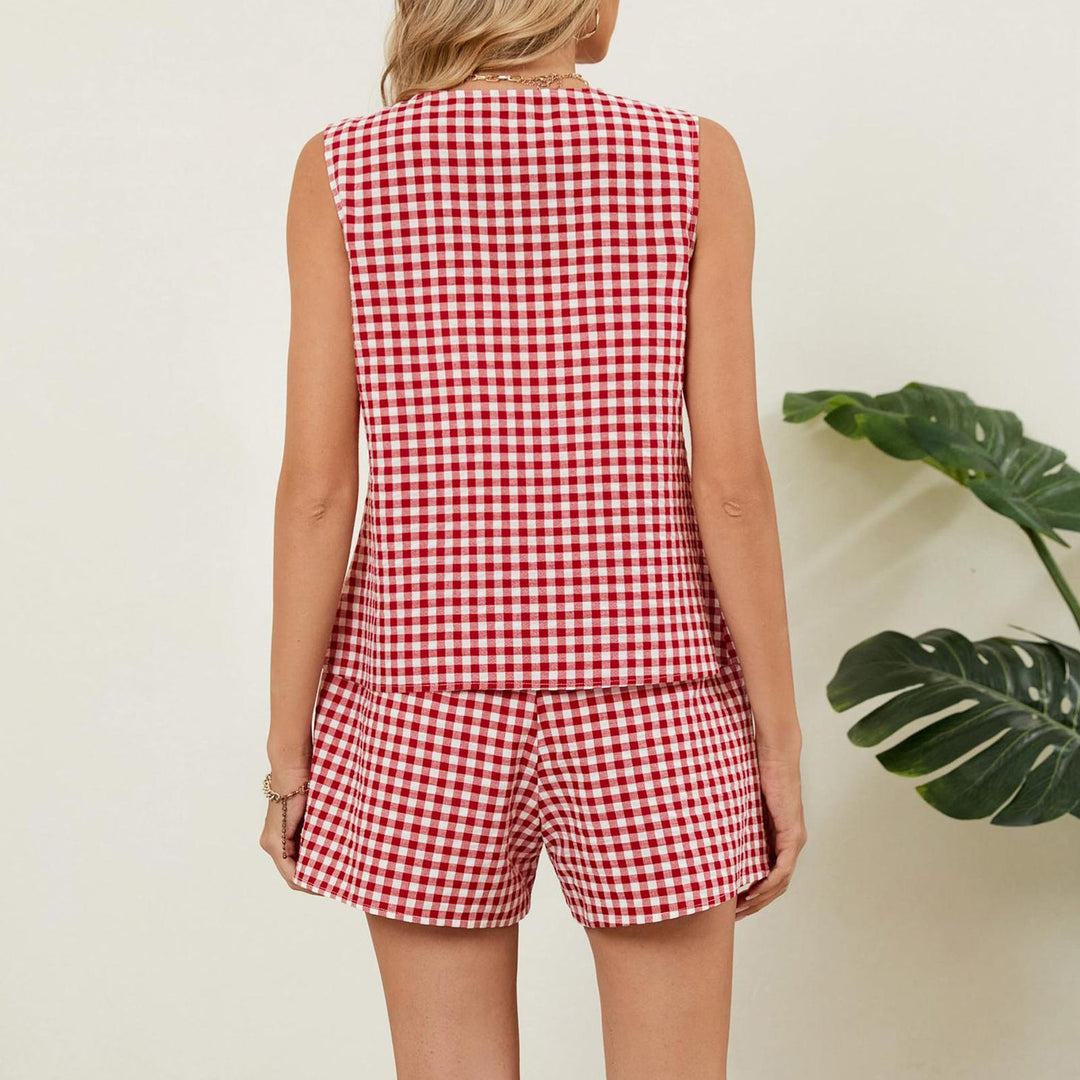 2 Piece Shorts Set for Women Plaid Print Button Down Tank Top and Shorts Outfits Summer Loungewear for Travel compatible