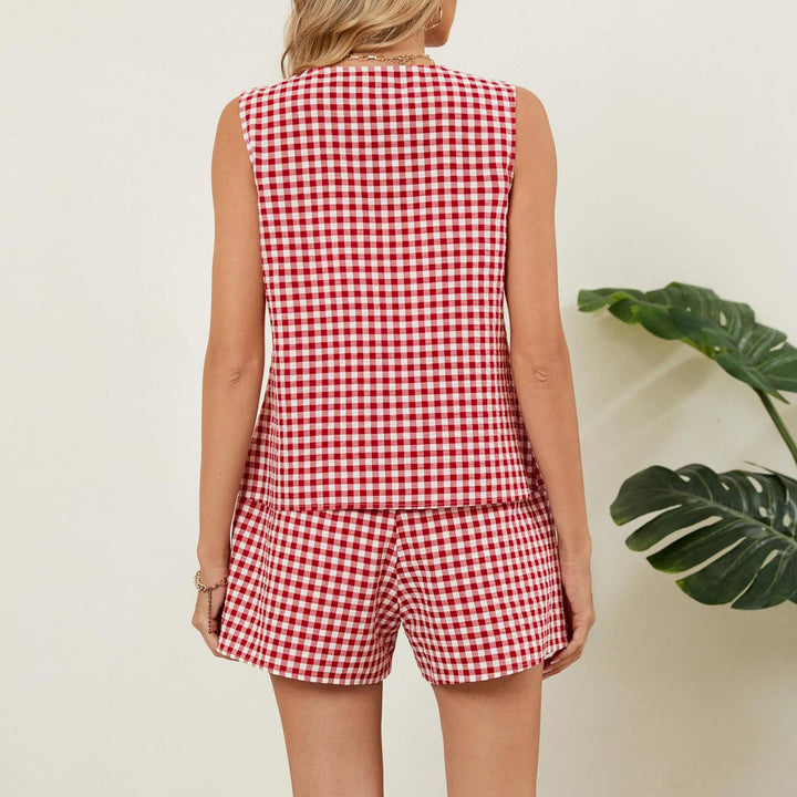 2 Piece Shorts Set for Women Plaid Print Button Down Tank Top and Shorts Outfits Summer Loungewear for Travel compatible
