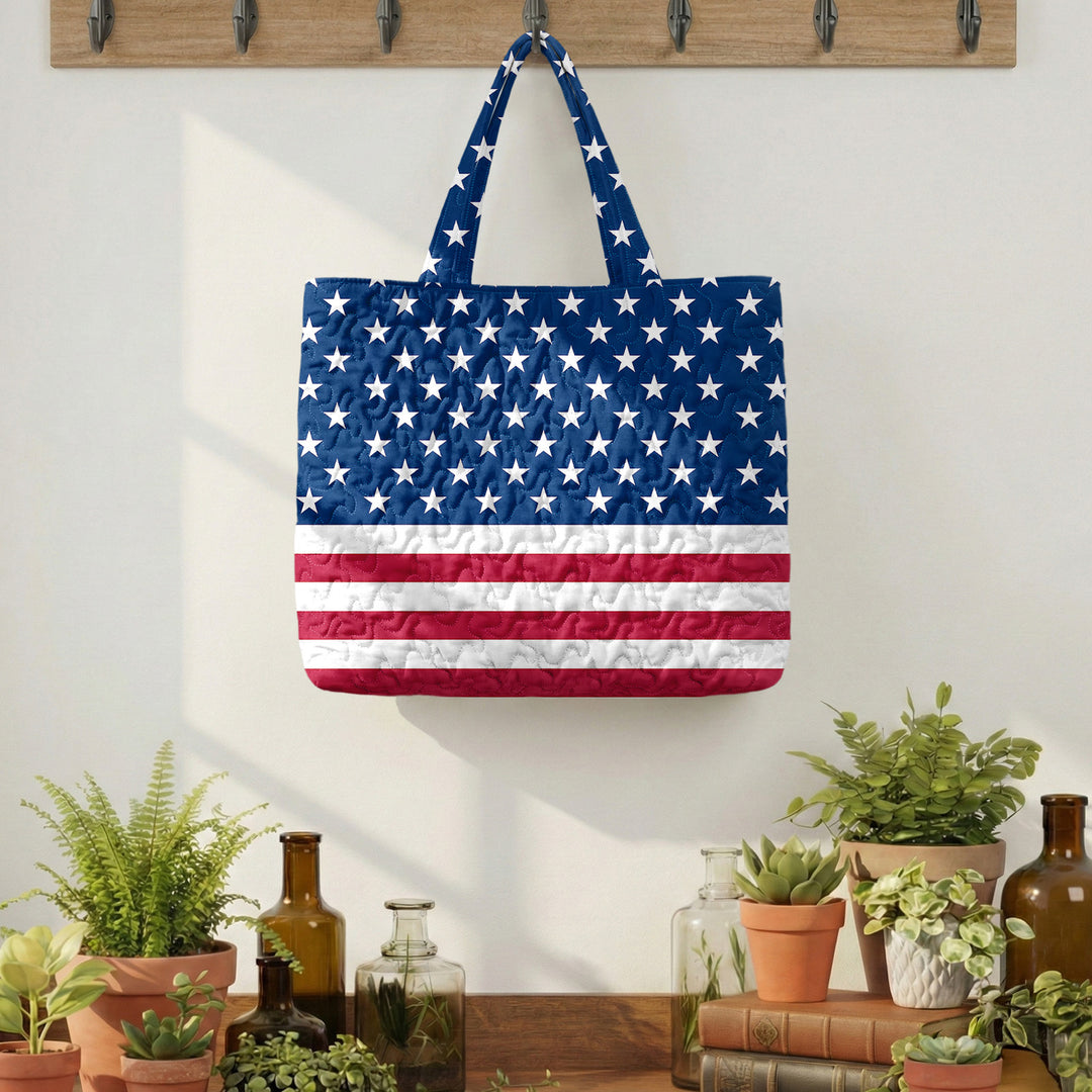 Quilted Tote Bag for Women American Flag Patriotic Handbags with Handles Travel Casual Purse for Vacation practical