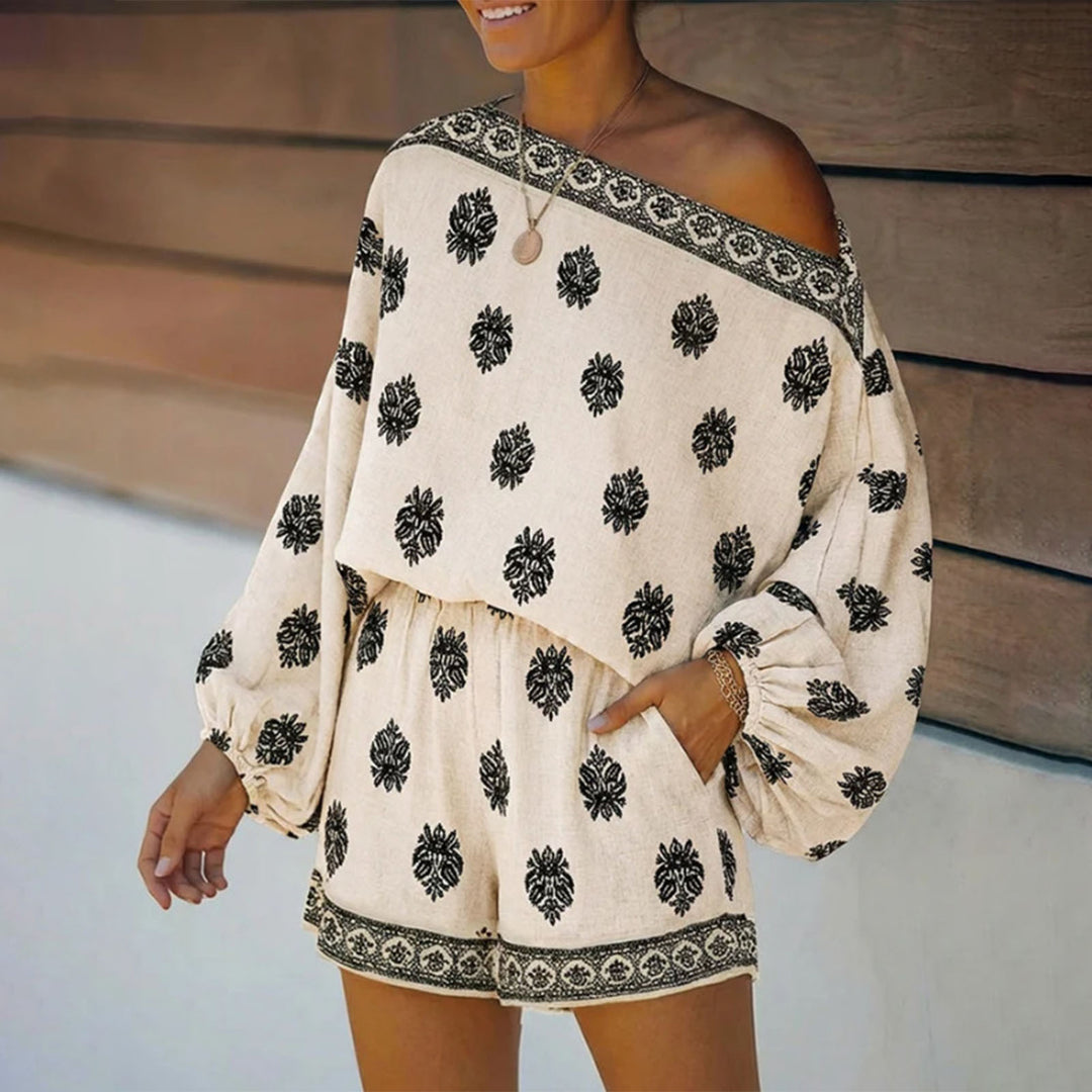 Boho Rompers for Women Off The Shoulder Casual Boho Jumpsuit Loose Lantern Sleeve Rompers for Vacation Beach ingenious