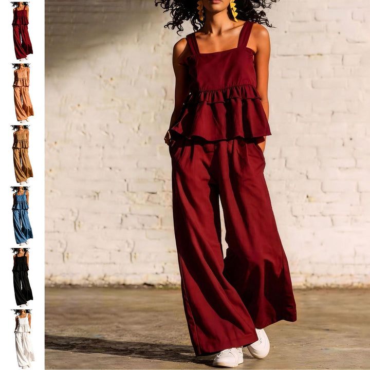 2 Piece Summer Sets for Women Ruffle Casual Summer Sleeveless Peplum Top and Wide Leg Pants Sets for Leisure workable