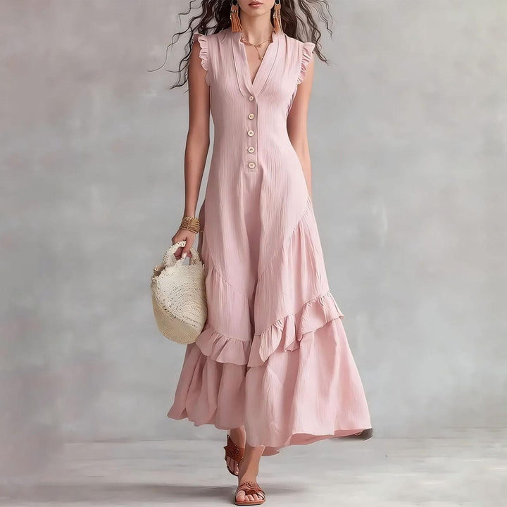 Ruffle Dress Long V Neck Button Flowy Cap Sleeve Summer Maxi Dresses Casual Beach Clothes for Beach Vacation serviceable