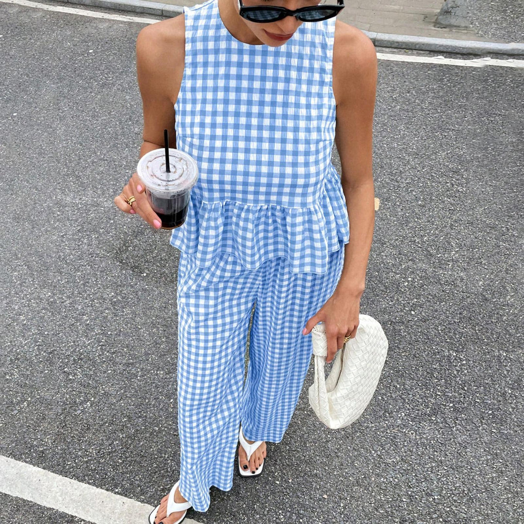 Womens Gingham Set Ruffle Plaid Peplum Tops and Pants Summer Vacation Going Out Sets for Daily Wear Beach admired