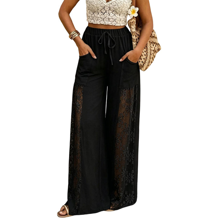 Women's Floral Lace Sheer Mesh Pants High Waisted Loose Fit Drawstring Elastic Waist Toursers for Vacation responsible