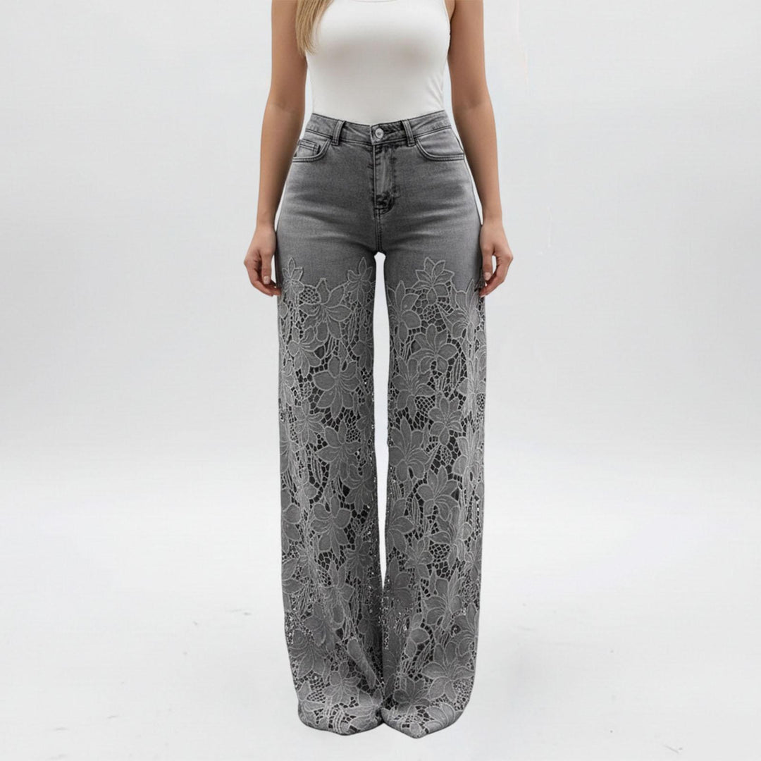 Lace Jeans for Women Hollow Lace Spliced High Waisted Fashion Jeans Loose Fit Denim Pants for Daily Wear exceptional