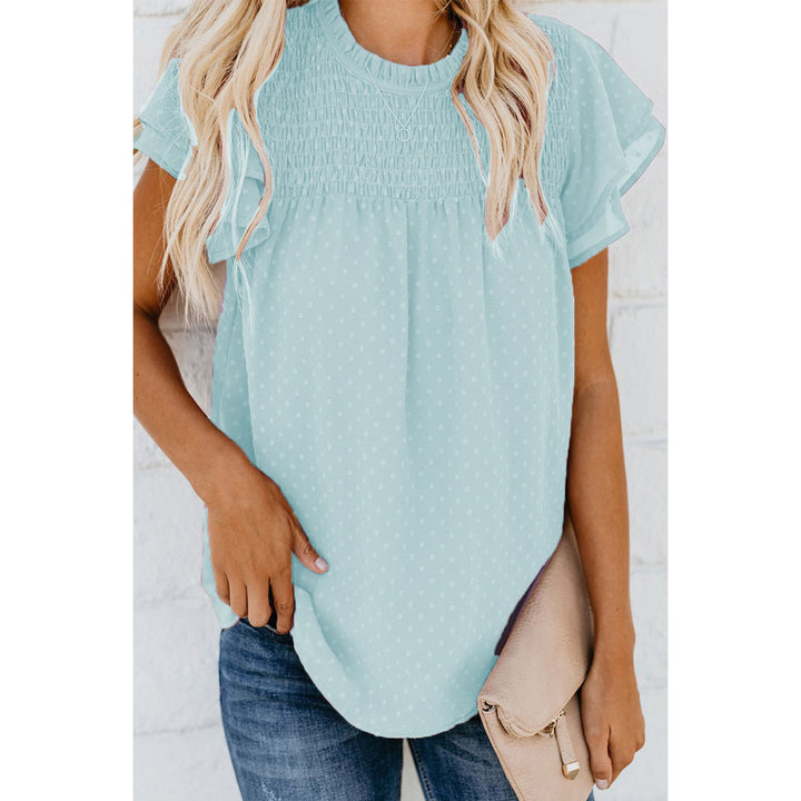 Womens Ruffle Short Sleeve Blouse Dot Smocked Crewneck Summer Flowy Chiffon Shirts Pullover Tops for Travel expedient