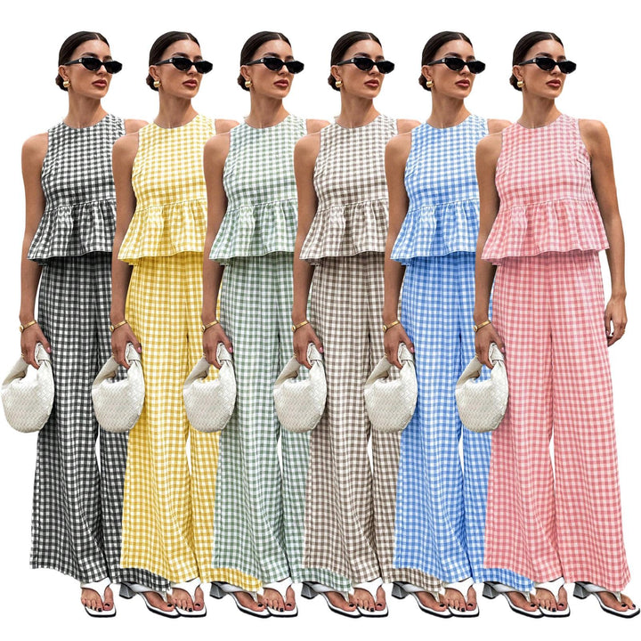 Womens Gingham Set Ruffle Plaid Peplum Tops and Pants Summer Vacation Going Out Sets for Daily Wear Beach admired