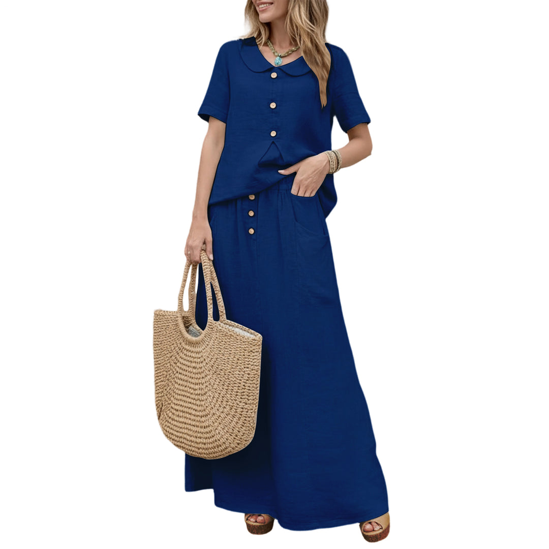 2 Piece Skirt Set Solid Cotton Two Piece Sets Short Sleeve Top and Maxi Skirt Casual Outfit for Daily Wear everywhere