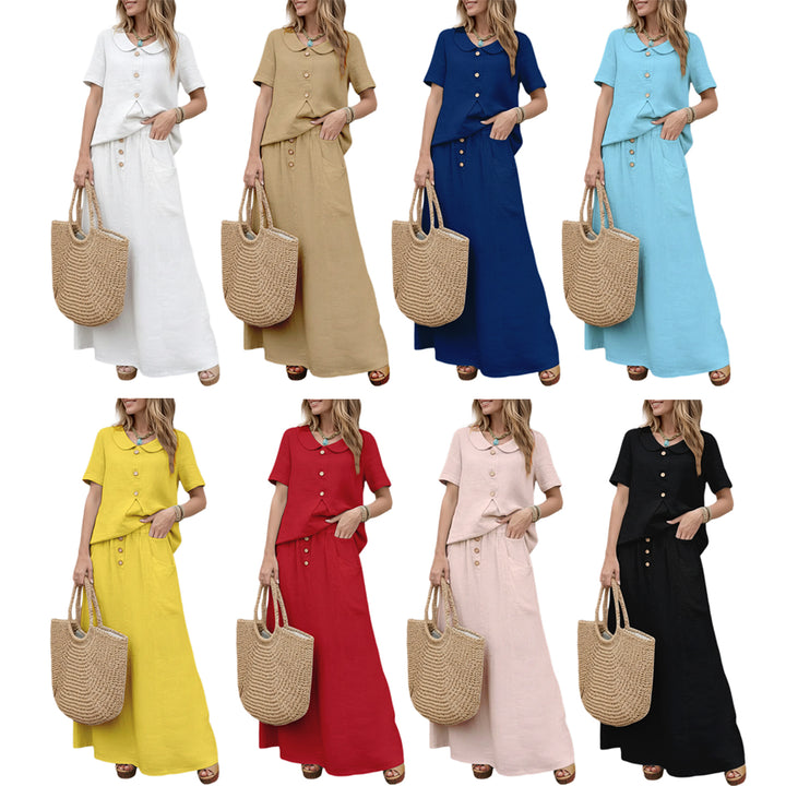 2 Piece Skirt Set Solid Cotton Two Piece Sets Short Sleeve Top and Maxi Skirt Casual Outfit for Daily Wear everywhere