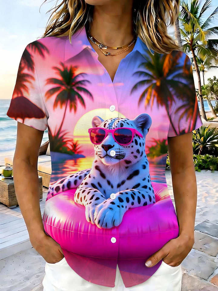 Fun Hawaiian Vacation Snow Leopard And Pink Float Women's Short Sleeve Shirts