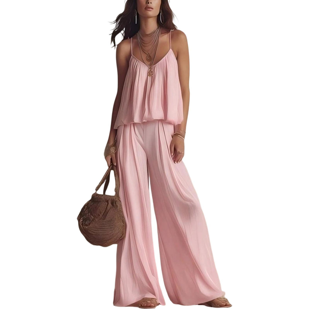 Womens Two Piece Sets Summer Spaghetti Strap Solid Color Bustier Wide Leg Pant Going Out Clothes for Party heathly