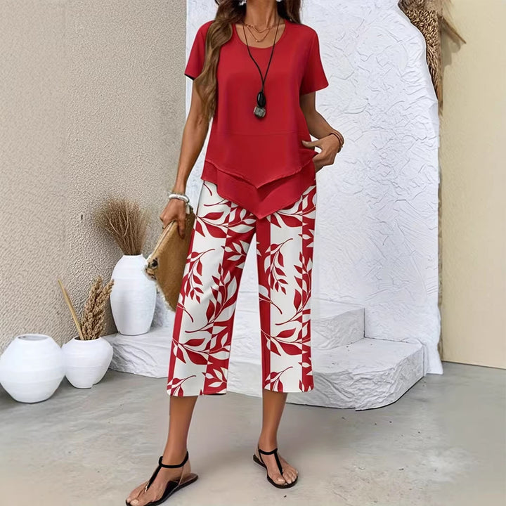 2 Piece Sets for Women Summer Crewneck Short Sleeve Shirts and Wide Leg Capri Pants Lounge Outfit for Travel gently