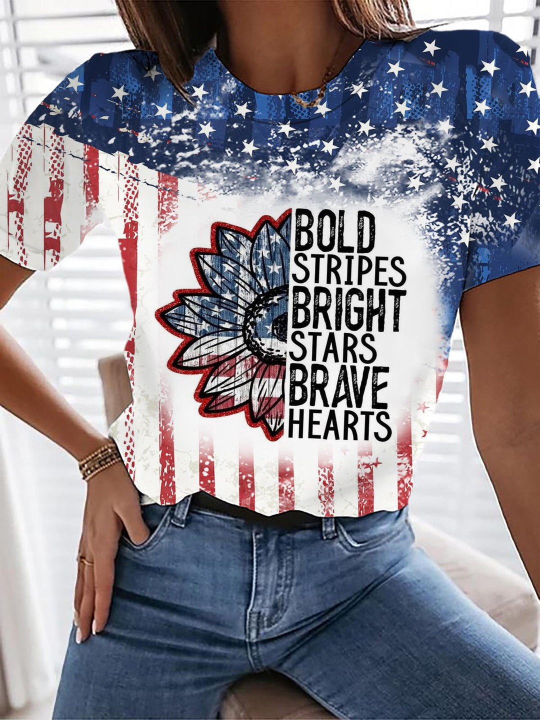 Bold Stripes Bright Stars Brave Hearts Tie Dye Crew Neck T-shirt