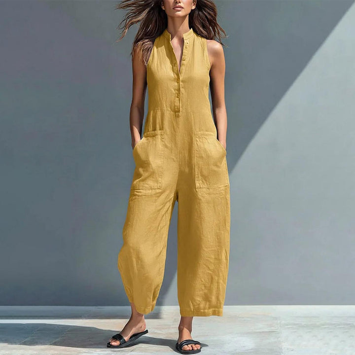 Sleeveless Jumpsuits for Women Button Front Stand Collar Sleeveless Loose Wide Leg Jumpsuit for Vacation classical